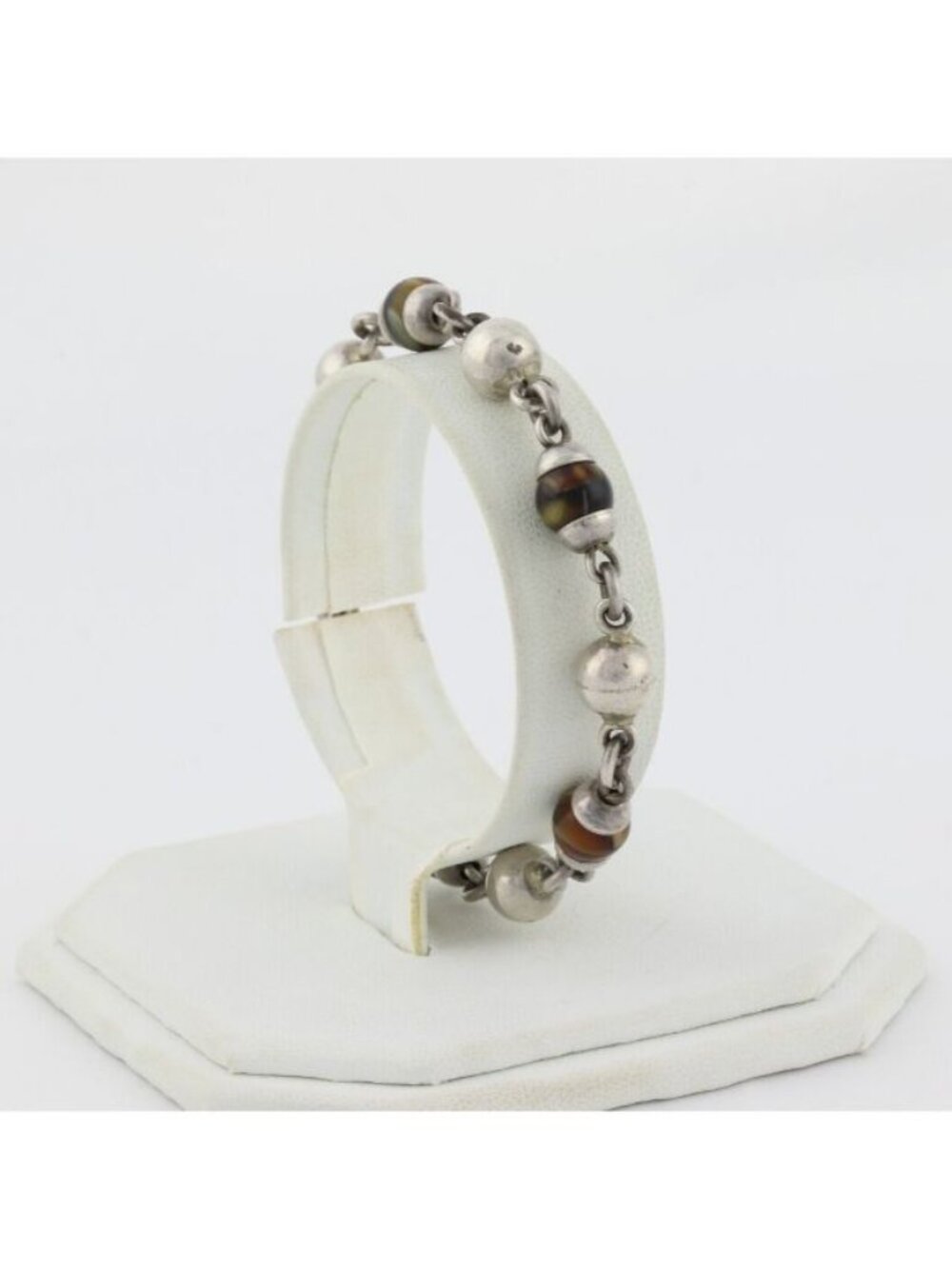 Sterling Silver Tiger's Eye Bead Bracelet Vintage Taxco Mexico 7 1/4" inch